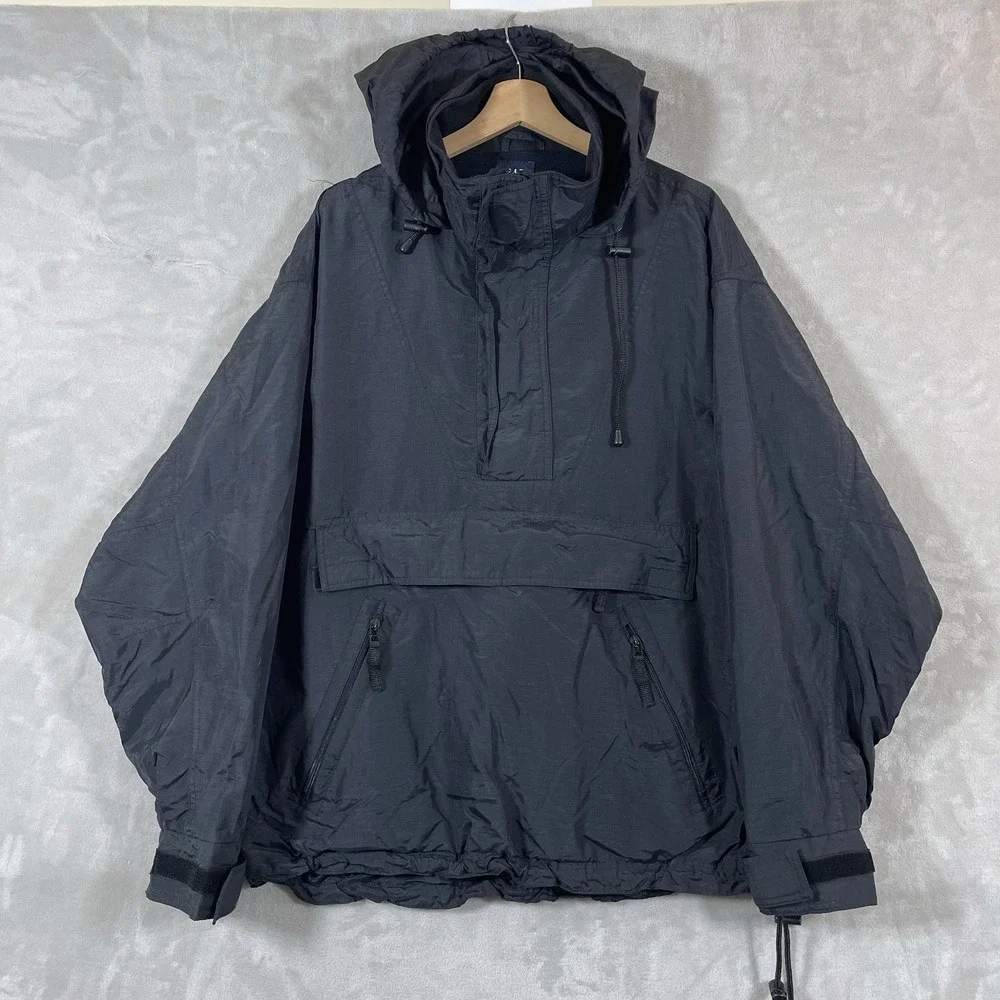Vtg GAP Anorak Smock Jacket Mens Large Black Rain Ripstop Pullover Hooded Y2K